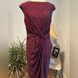 Ralph Lauren Burgundy & Black Geo Pattern Sexy Ruched Knit Dress 16